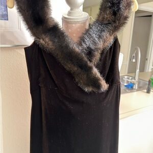 CacheCocktail gown full length stretch velvet gown with faux fur trim .